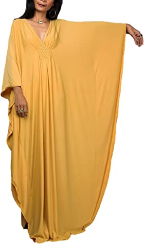 Image of RanRui Caftans for Women Solid Color Chiffon Plus Size Kaftan Dresses Beach Cover Up V Neck Batwing Sleeve Caftans Loungewear