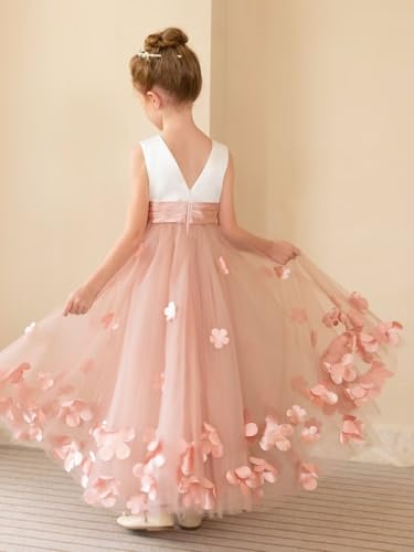 MCieloLuna 3D Applique Satin Tulle Flower Girl Dress Sleeveless O Neck Floor Length Girls Pageant Princess for Wedding Gowns3