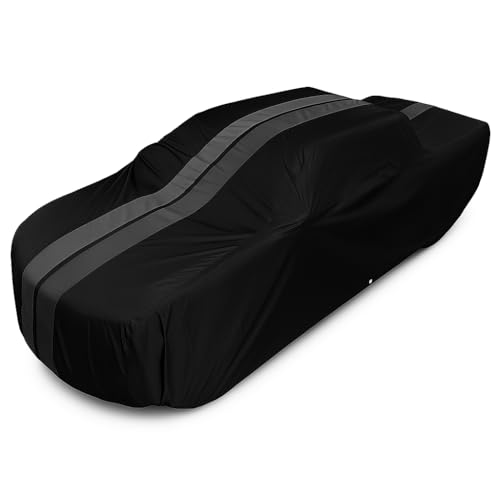 Image of SR1 Performance USA Ultraguard Truck Cover for 1999-2026 Chevrolet Silverado & GMC Sierra 1500 Crew Cab 5.5ft Bed - Custom Fit Indoor /Outdoor UV Protection, 300D Water Resistant (Black /Gray Stripes)