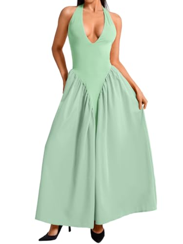 Image of ChiaoLezhee Deep V Neck Dress, Halter Maxi Dresses, Vacation Date Night, Sexy for Women Corset Flowy Wedding Guest Drop Waist