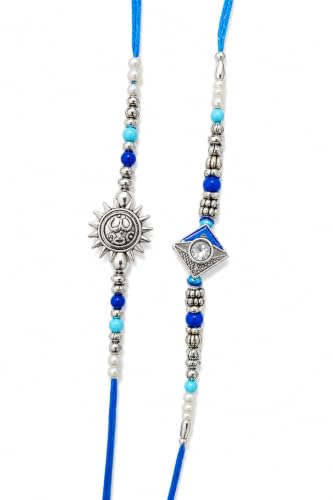 Juego de 2 Rakhi Manushya para celebrar Raksha Bandhan con hilo de cuentas y sol Om azul