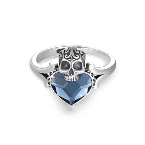 Silikepa Skull Ring for Women, 925 Sterling Silver, Adjustable Skull Ring with Blue Crystal, Gothic Jewelry Gift for Women
