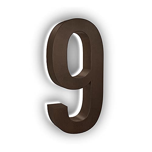 LN LUMANUMBERS 7 Inches Steel Backlit LED Floating Address Number, Up-Scale Modern Look, Lighted House Numbers, 9, Bronze, Illuminated House Numbers