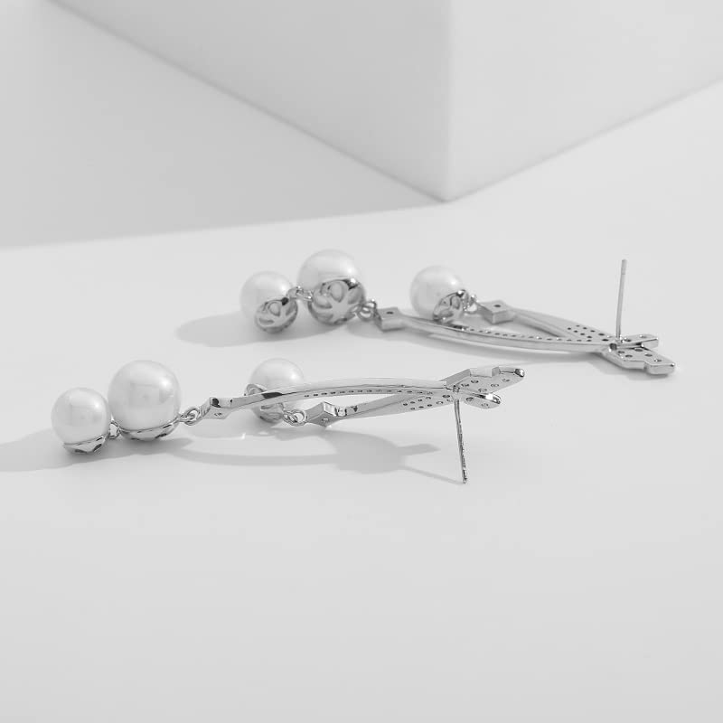 14K Gold Moissanite Freshwater Pearl Drop Earrings, Unique Cross-Line Design, Elegant Long Dangle Jewelry Gift for Her3