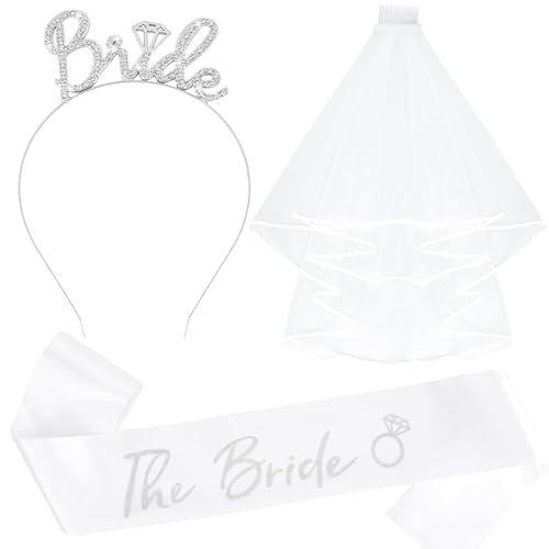 KICOSY 3 in 1 Bridal Set- Silver Rhinestone Bride Headband, White Veil & Satin Sash - Bride Accessories for Bachelorette Party, Bridal Shower & Wedding