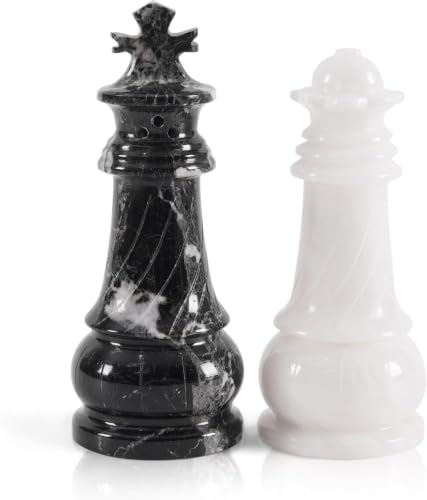 EarthenTones Marble Salt and Pepper Shaker Set, Zebra Black and White Handmade Natural Stone Spice Shakers, Kosher Salt Container, Countertop Kitchen Storage Accessory, Housewarming Gift