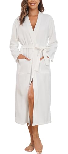 Sopesil Peignoir en Coton Pour Femme,Kimono Femme Nuit avec Col en V Longues Manches Robe de Nuit Femme avec Poches, Blanc,S