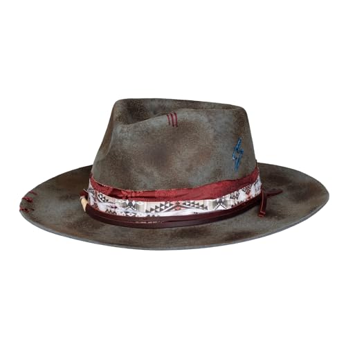 Image of RUEDIGER Vintage Wide Brim Fedora Hats 100% Wool Stiff Felt Hat Rancher Hat with Lightning Logo Handmade Distressed /Burned