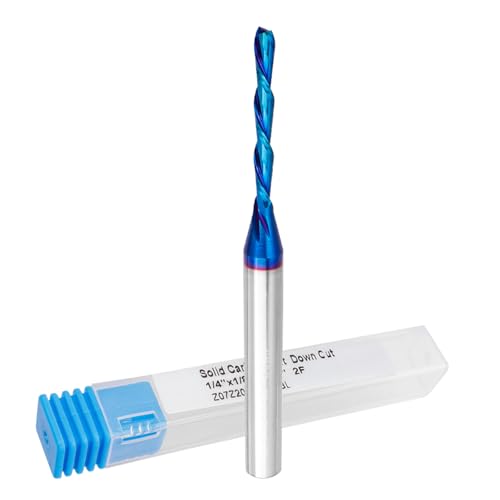 Image of Mesee 2 Flute Spiral Dowcut Router Bit 1 /4 Inch Shank Flat Nose End Mill CNC Router Bit Nano Blue Coat Carbide Milling Cutter for Wood Mortises Carving Engraving - 1 inch Cutting Length, 1 /8 inch Cutting Dia