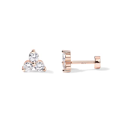 PAVOI 14K Rose Gold Plated Solid 925 Sterling Silver Post Cubic Zirconia Flat Back Earrings for Women | Trinity CZ Cartilage Earring | Helix Piercing Jewelry | Small Stud Earrings