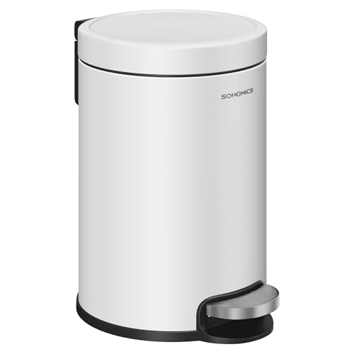 SONGMICS Petite Poubelle, avec Couvercle en Acier, Pédales en Métal, Seau Amovible, Fermeture en Douceur, pour Salle de Bain, 3 L, Blanc Nuage LTB013WZ01