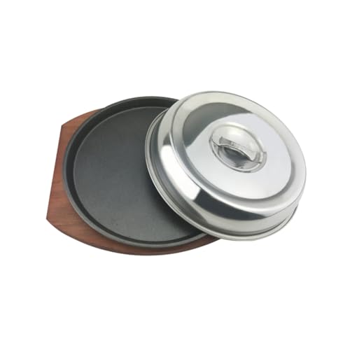 MAGICLULU Plaque De Barbecue Ronde 21 Cm En Fer Antiadhésive Planche En Bois Isolante Et Couvercle Pour Cuisson Teppanyaki, Steak Et Légumes – Ensemble Pratique Pour Repas à Domicile