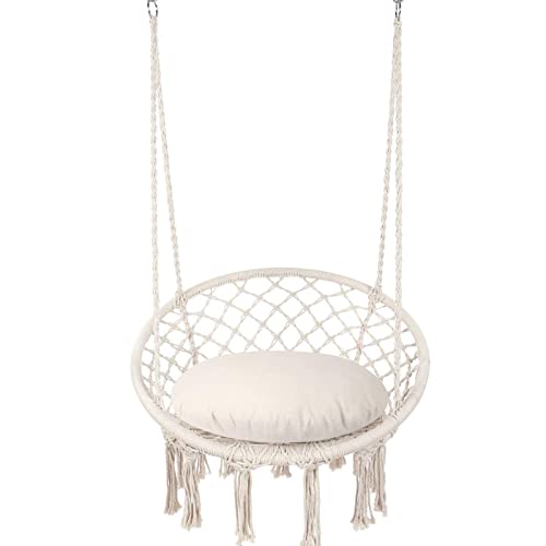 Y- Stop Hammock Chair Macrame Swing Chair, Max 330 Lbs, Hanging Chair Cotton Rope Hammock Chair Swing For Indoor And Outdoor Use, Beige #TOP1