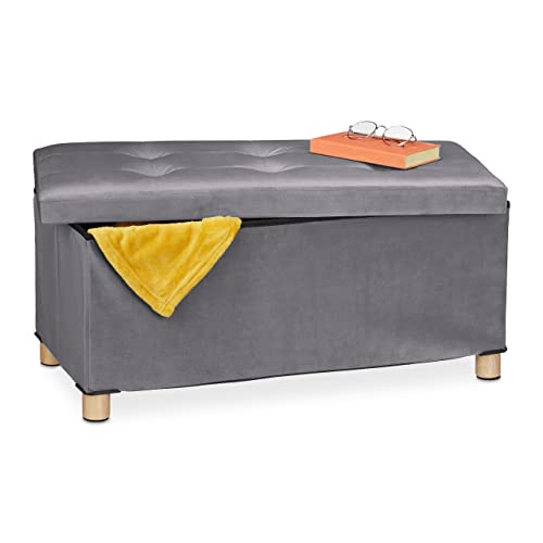 Relaxdays Banco Almacenaje, Acolchado, Terciopelo, Patas Madera, hasta 120 kg, Plegable, 34 x 76 x 38 cm, Gris Oscuro
