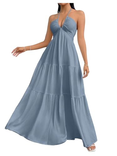 Image of SHENHE Women's Deep V Neck Tie Knot Backless Halter Dress A Line Flowy Ruffle Maxi Dress