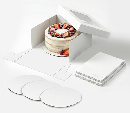 BOPLYBAY 10x10x5 Inch White Cake Boxes with Window 3 Sets 2-Piece Bakery Boxes with 3mm Thick Cake Boards Premium Sturdy Dessert Containers for 8-9 Cakes Pastries and Treat Display