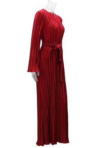 Image of Pluto & Fox Women's Crew Neck Plisse Maxi Dress Long Sleevele Flared Cuffs Belted Pleated Party Cocktail Wedding Guest Dress