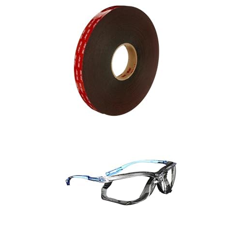 Bundle of 3M VHB Tape 5952 Double-Sided Acrylic Foam Tape, 1 inch Width x 36 Yards Length, 45 mil Thick - Black + 3M Safety Glasses, Virtua CCS, ANSI Z87, Anti-Fog, Clear Lens, Blue Frame