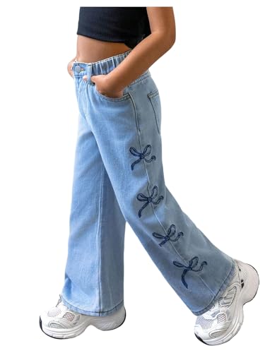 WDIRARA Toddler Girl's Bow Print Wide Leg Jeans Elastic Waist Cute Denim Pants