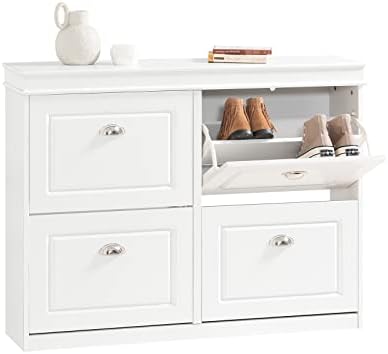 Haotian FSR79-W, White Shoe Cabinet with 4 Flip Drawers, Freestanding Shoe Rack, Shoe Storage Cupboard Organizer Unit
