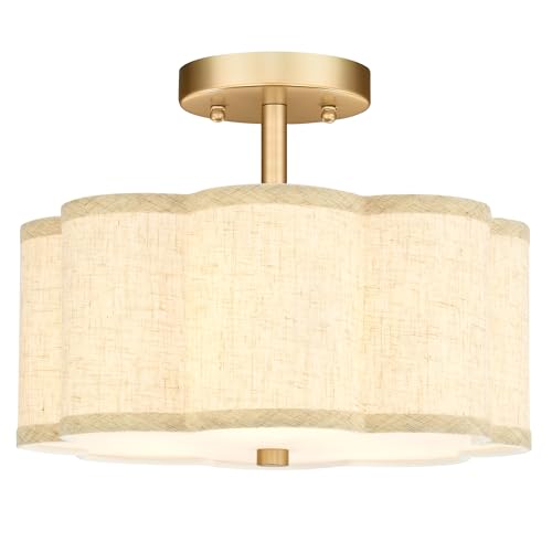 Image of Gold Semi Flush Mount Ceiling Lights, 3-Light 12.5 inch Light Fixtures Ceiling Mount with Linen Fabric Drum Shade in Flower Shape for Nursery Hallway Bedroom Kitchen, AD-22007-3SF-GD-B