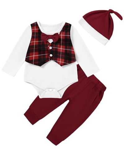 Latnnut Newborn Boy Clothes 0-3 Month Black and Red Plaid Infant Baby Christmas Clothes Valentine's Day Thanksgiving Fall Winter Outfit for Pictures Gentleman Suit Easter Dress Clothes
