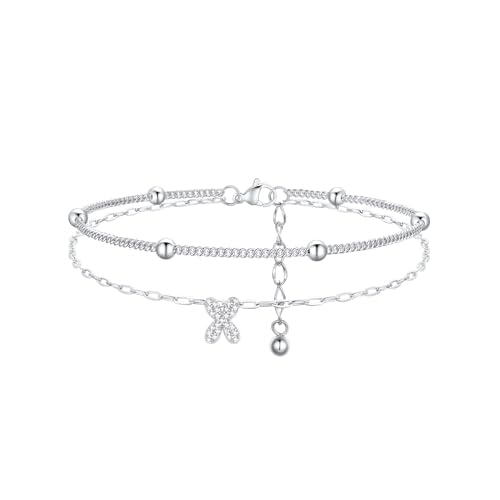 FindChic Initial Anklet for Women, Silver/Gold Plated Layered Beaded Ankle Bracelet with Cubic Zirconia Initial Charm, Adjustable Waterproof Non-Tarni