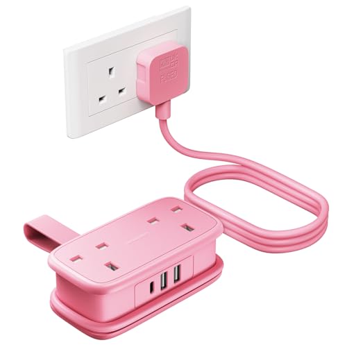 NTONPOWER Travel Extension lead with USB Slots, Pink Extension Lead 1.2M, Cruise Essentials Extension Cord with 2 Way Outlets 3 USB（1 Type C) for Cruise Travel Essentials Hotel Home Office