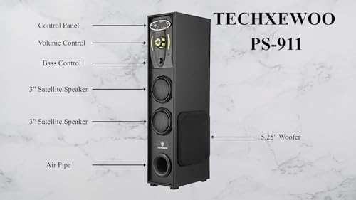 Image of TECHXEWOO PS-911 Mini Home Theatre Subwoofer System, 80W, 5.25 Inch with 3 Inch Dual Satellites, Extreme Bass, Mic Slot, Aux, USB, FM and Remote Control