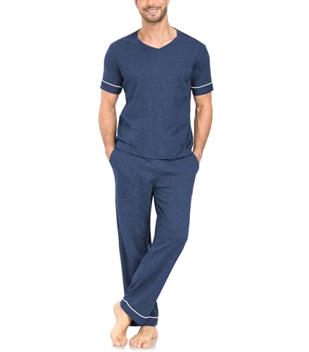 COLORFULLEAF Mens 100% Cotton Pajamas Set Short Sleeve V-Neck Sleepwear Soft Loungewear Pjs with Pockets (Heather Navy,M)