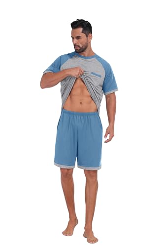 Image of Mens Pajamas Set Lightweight Summer Pjs Sleepwear Soft Comfy Short Sleeve Loungewear With Pocket (S-4X)
