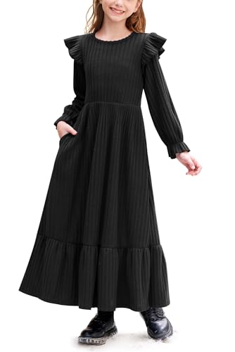 BesserBay Girl's Fall Long Sleeves Ruffle Crew Neck Casual Tiered Maxi Dresses with Pockets 6-14 Years