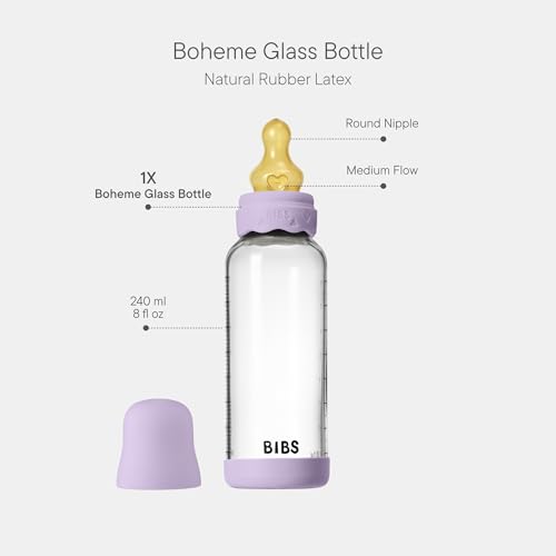 Image of BIBS Boheme Baby Glass Bottle 8 oz /240 ml. Anti-Colic. Round Natural Rubber Latex Nipple. Supports Natural Breastfeeding - Violet Sky