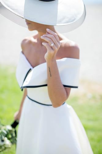 Women's Off Shoulder Vintage Wedding Dress Satin Elegant A-line Tea Length Bridal Midi Retro Gowns with Trim4