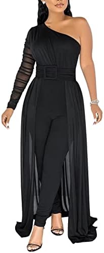 Dressy Jumpsuits for Women Sexy One Shoulder Mesh Patchwork Belted Bodycon Pants Rompers Overlay Jumpsuit Black XL