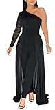 Dressy Jumpsuits for Women Sexy One Shoulder Mesh Patchwork Belted Bodycon Pants Rompers Overlay Jum