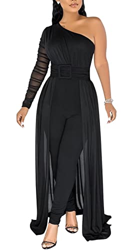 Dressy Jumpsuits For Women Sexy One Shoulder Mesh Patchwork Belted Bodycon Pants Rompers Overlay Jumpsuit Black Xl #TOP4