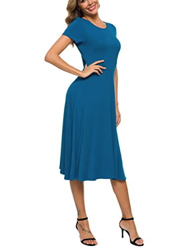 Image of EXCHIC Women's Casual Round Neck Short Sleeve Midi Dress Solid Stretchy Waist Knee Long Dress
