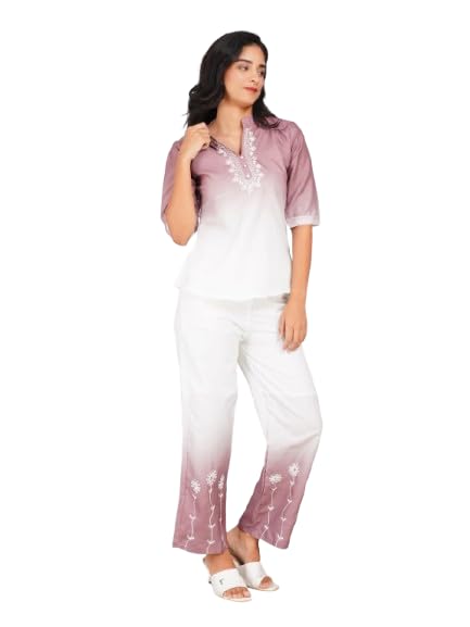 pravtown -the fashion hub Women's Ombre Double Shade Co-ord Set, Mauve White and Carey's Pink, Cotton, with Embroidered Neckline and Floral Hem-picture-43