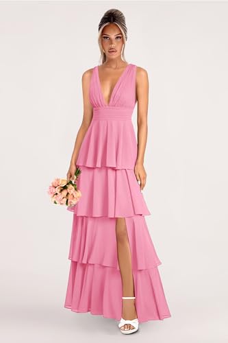 Tiered Chiffon Bridesmaid Dresses for Women Ruffle V Neck Formal Evening Dress with Slit3