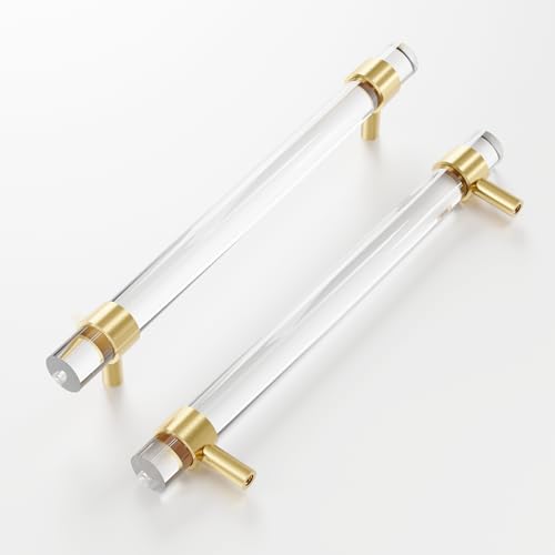 foxwake Adjustable Acrylic and Brass Cabinet Pulls Center to Center 4Set Modern Gold and Clear Dresser Handle, Unfinished DIY Gorgeous Knobs for Kitchen Drawer Closet 0~7.4Inch 4Pack