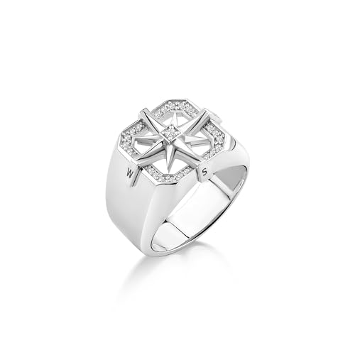 Chevalière boussole en argent et oxydes de zirconium pour homme