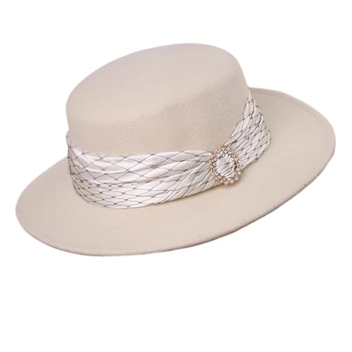 Chapeau melon à dessus plat en feutre jazz et laine tweed avec strass