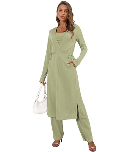 Image of 3 Piece Lounge Sets for Women Airport Travel Outfit | Long Cardigan,Tank Top ,Wide Leg Pants with Pockets,Comfy Loungewear,Casual Chic, Airplane Clothing,Vacation Matching Set