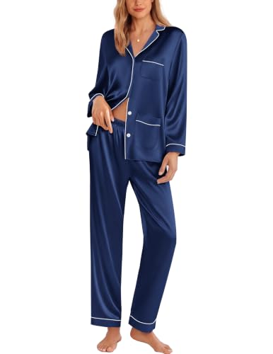 Image of Ekouaer Pajamas for Women Silk Satin Button Down Long Sleeve Pajama Sets