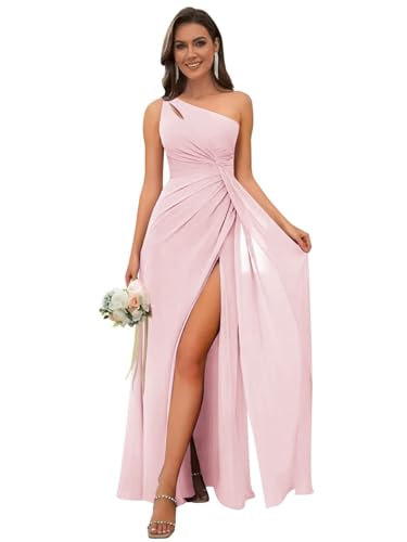 Image of OFEECHUN Women's Chiffon One Shoulder Bridesmaid Dresses Long Pleated Formal Evening Gowns with Slit