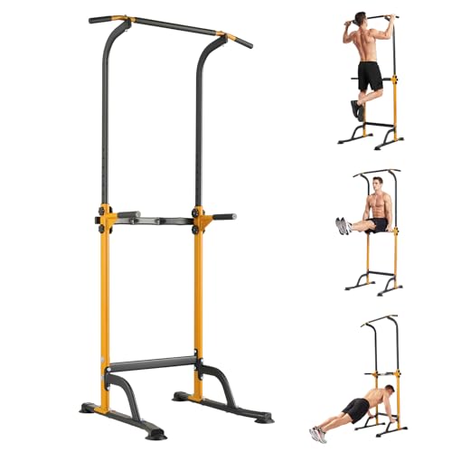 Power Tower Home Gym Strength Training Station Adjustable 10 Height Levels, Heavy-Duty Chin-Up Tower with Parallel Dip Handles, Bodyweight Workout Equipment for Pull-Ups, Dips, Knee Raises, Push-Ups, 330 Lb Capacity