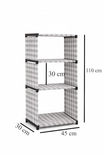 Image of 4-Tier Book Rack Bookshelf, Multi-Level Storage Organizer for Books, Magazines, Office Supplies, Space-Saving Design,Black Frame with Grey Check Pattern with Heavy Fabric Cover Modular Storage Shelf