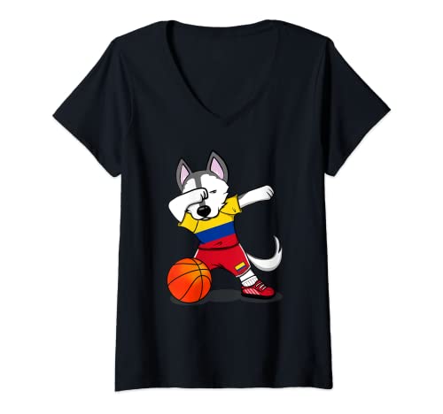 Womens Dabbing Husky Colombia Basketball Fans Jersey Colombian Flag V-Neck T-Shirt, Black