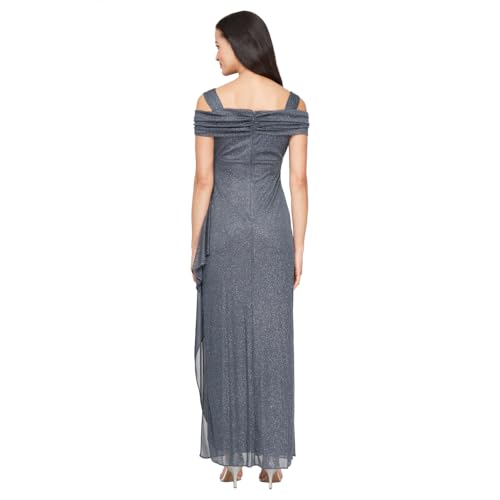 Image of Plus Cold Shoulder Glitter Mesh Dress with Draped Skirt & Cowl Neckline